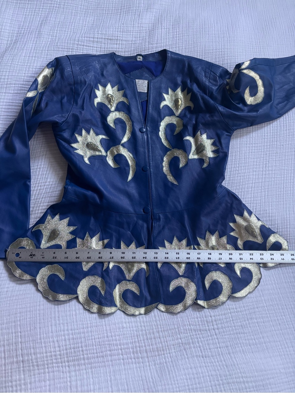 Vintage Blue Leather Skirt and Jacket Set with Gold Appliqué - Picture 10 of 16